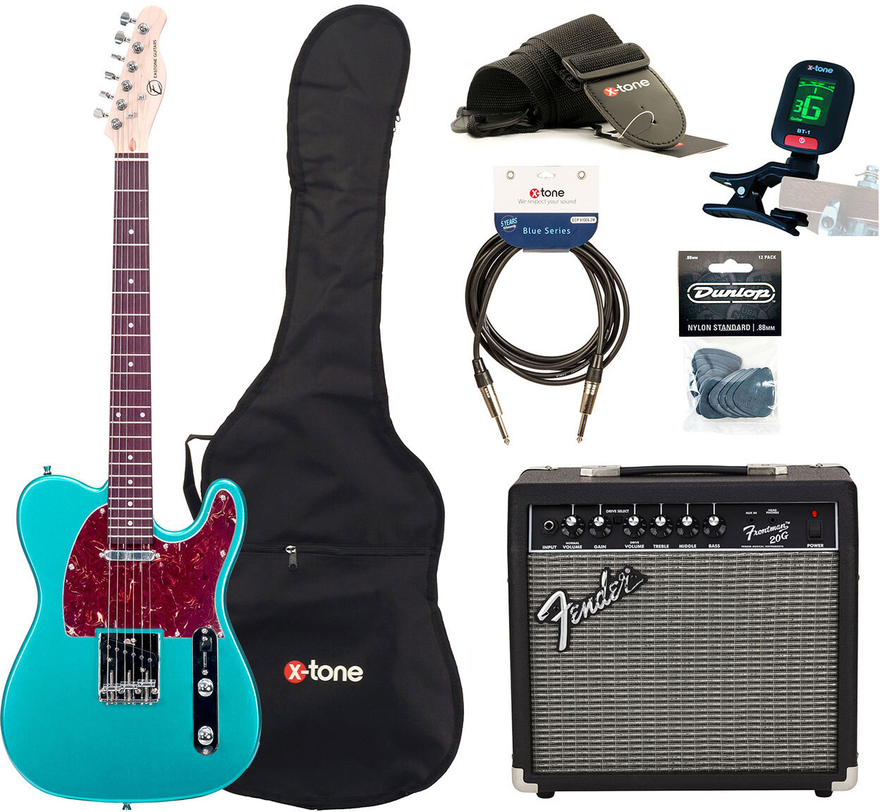 Eastone Tl70 +fender Frontman 20g +cable +clip-on Tuner +mediators +housse +courroie - Metallic Light Blue - Electric guitar set - Main picture