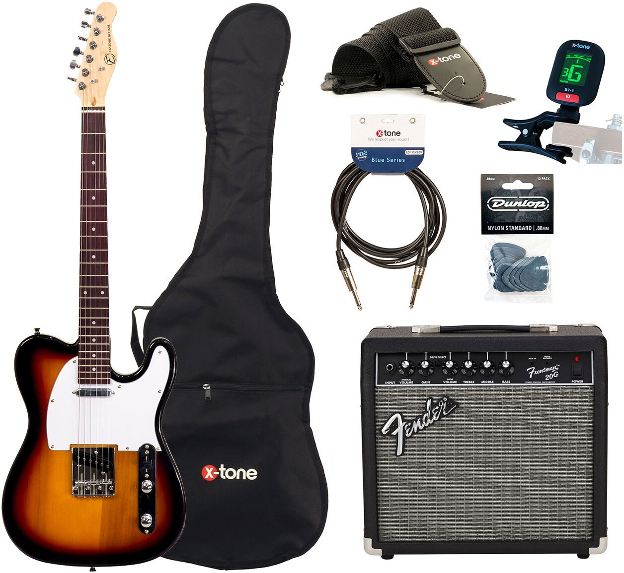 Eastone Tl70 +fender Frontman 20g +cable +clip-on Tuner +mediators +housse +courroie - 3 Tone Sunburst - Electric guitar set - Main picture