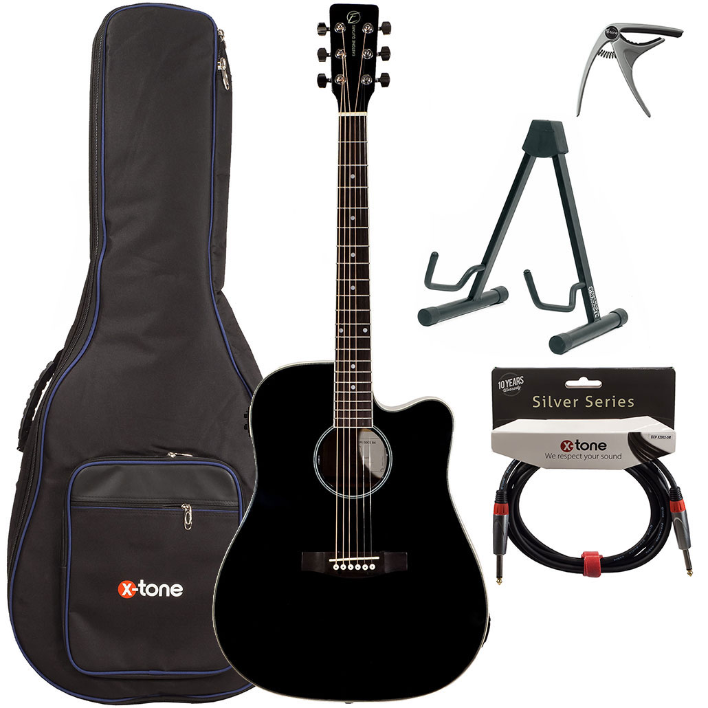 Eastone Dr100ce-blk +housse X-tone 2003 +capo +stand +jack - Black - Acoustic guitar set - Variation 1