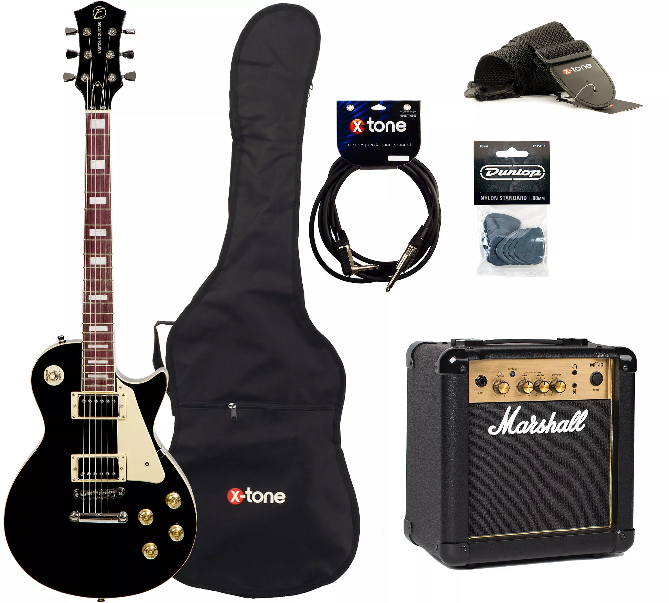 LP100 BLK +MARSHALL MG10 10W +CABLE +MEDIATORS +HOUSSE - black Electric  guitar set Eastone