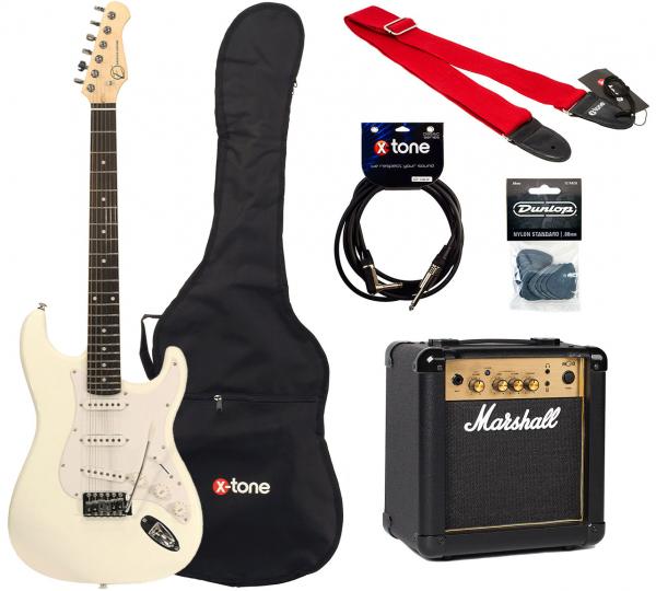 Electric guitar set Eastone STR70 +MG10G 10 W +HOUSSE +COURROIE +CABLE +MEDIATORS - White