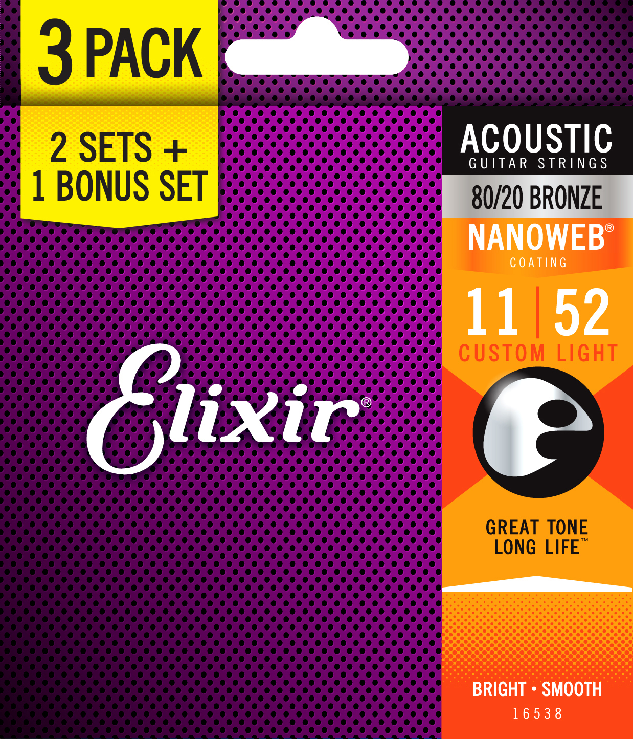 Elixir Pack De 3 Jeux 11027 Nanoweb 80/20 11-52 - Acoustic guitar strings - Main picture