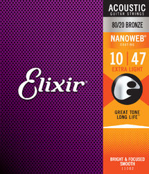 Acoustic guitar strings Elixir Acoustic (6) Nanoweb 80/20 Bronze 10-47 - Set of strings