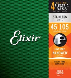 Electric bass strings Elixir Bass (4) Nanoweb Stainless Steel  45-105 - Set of 4 strings