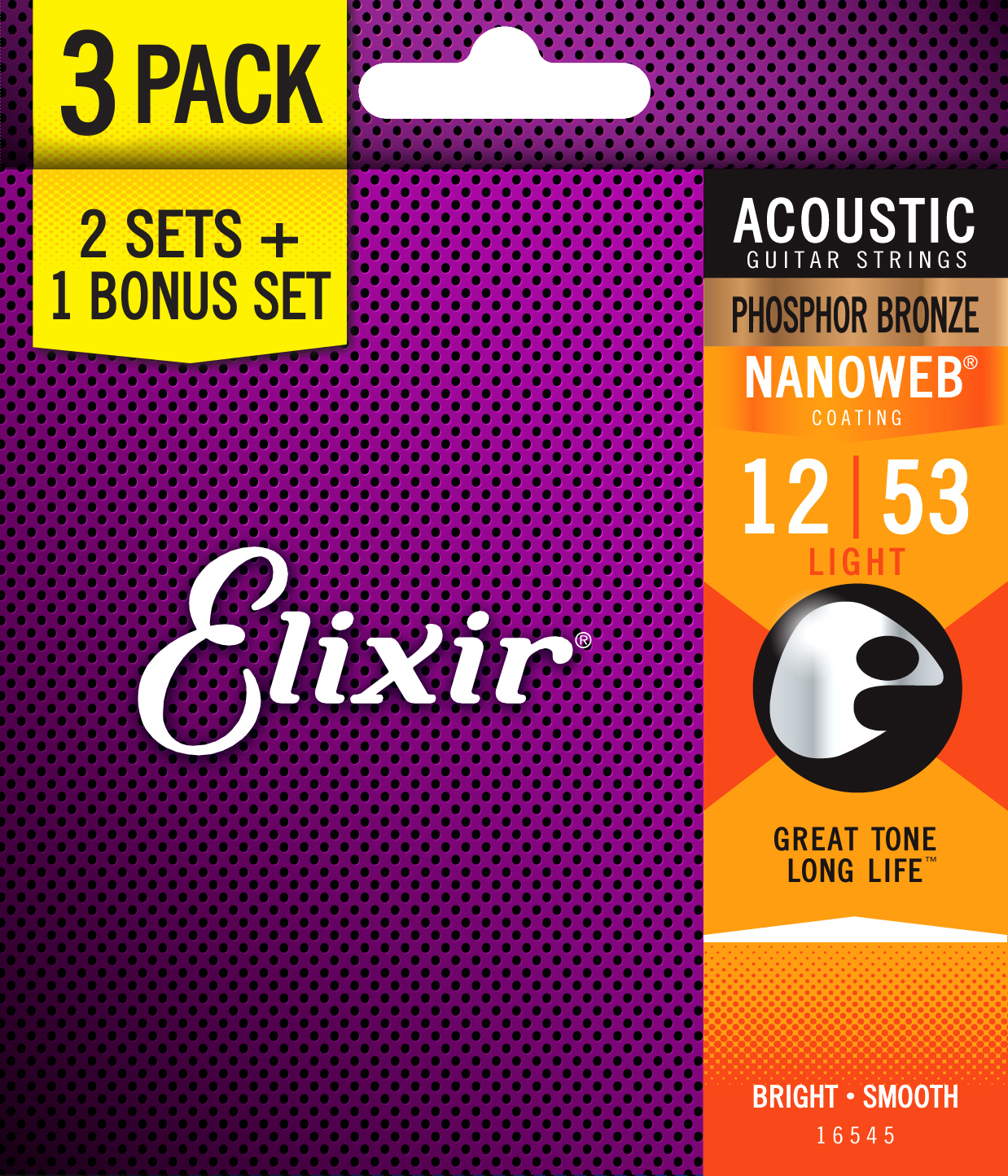 Elixir 16052 Nanoweb Light Phosphor Bronze Acoustic Guitar Strings 3-pack