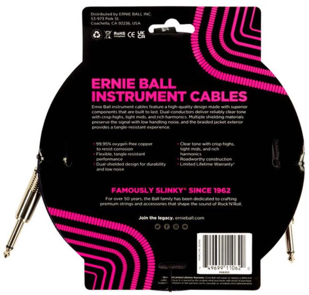Ernie Ball Braided Instrument Cable Droit Droit 10ft 3.05m Purple Black - Cable - Variation 1