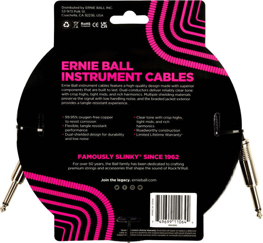 Ernie Ball Braided Instrument Cable Droit Droit 18ft 5.49m Purple Black - Cable - Variation 1