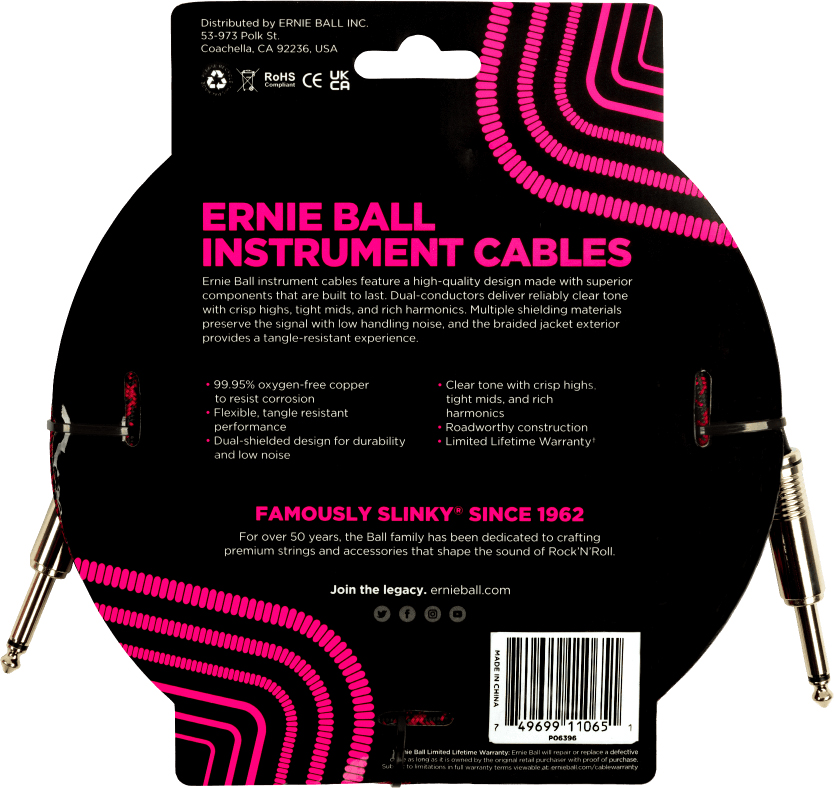 Ernie Ball Braided Instrument Cable Droit Droit 18ft 5.49m Red Black - Cable - Variation 1