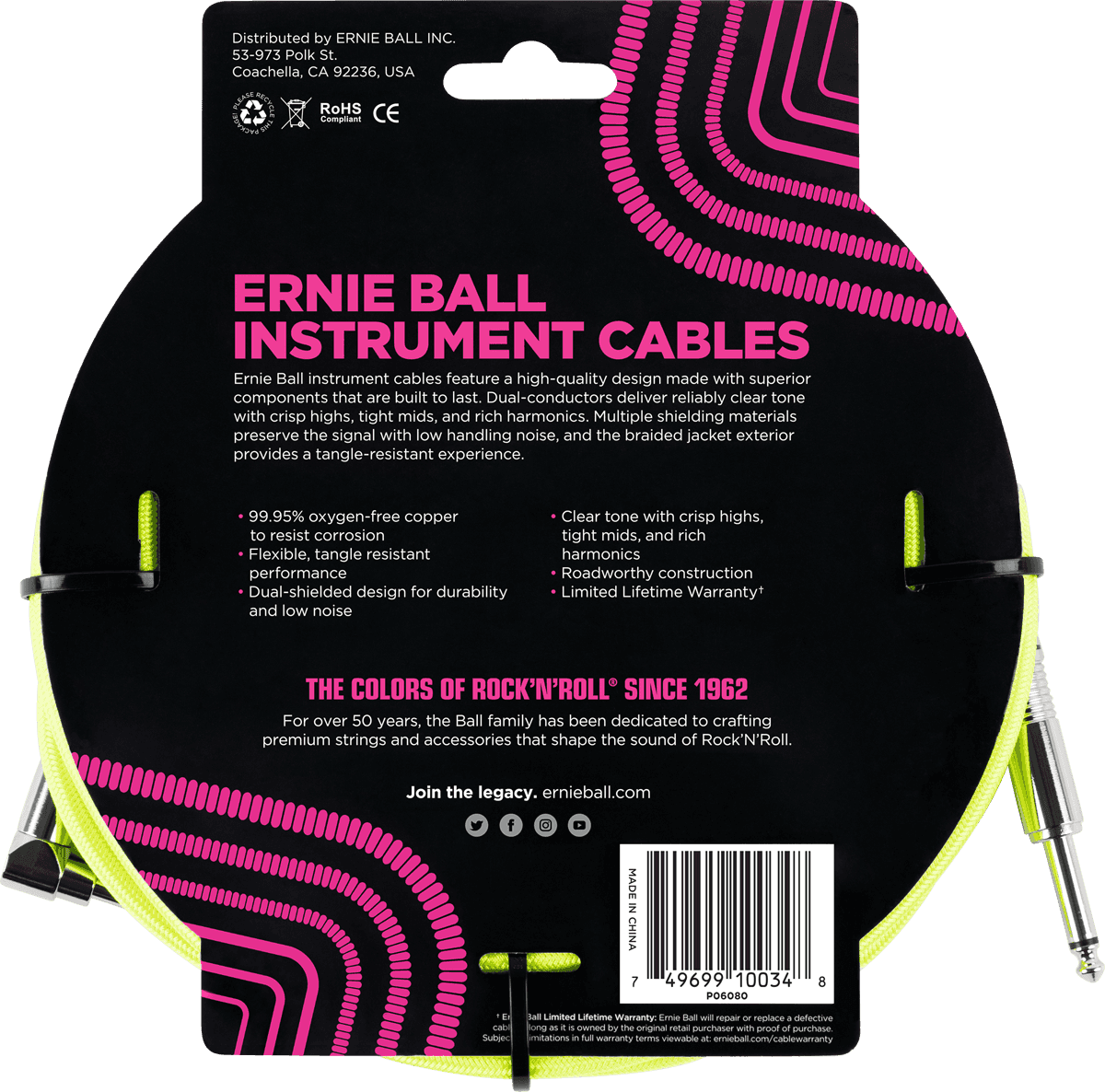 Ernie Ball Cables Instrument Gaine Tissée Jack/jack Coudé 3m Jaune Fluo - Cable - Variation 1