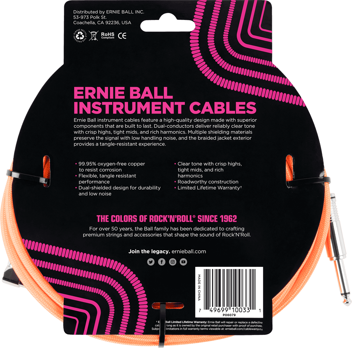 Ernie Ball Cables Instrument Gaine TissÉe Jack/jack CoudÉ 3m Orange - Cable - Variation 1