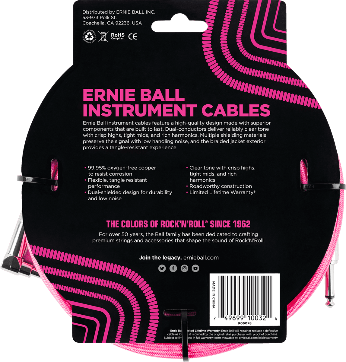 Ernie Ball Cables Instrument Gaine TissÉe Jack/jack CoudÉ 3m Rose Fluo - Cable - Variation 1