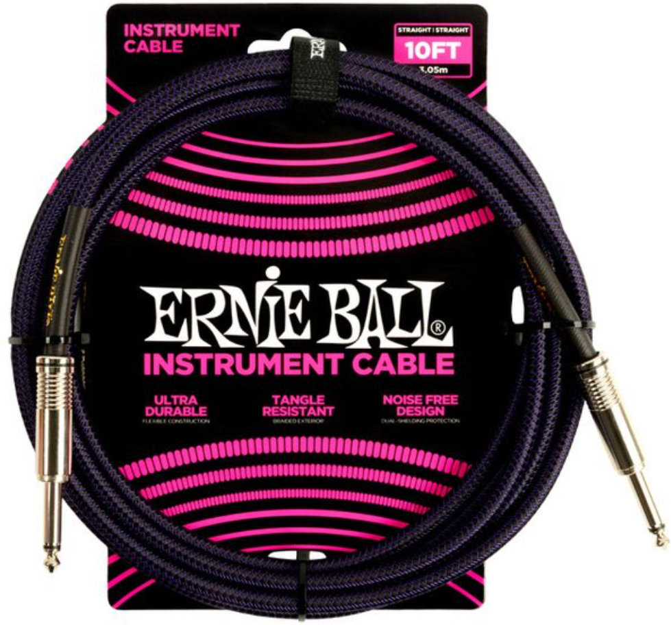 Ernie Ball Braided Instrument Cable Droit Droit 10ft 3.05m Purple Black - Cable - Main picture