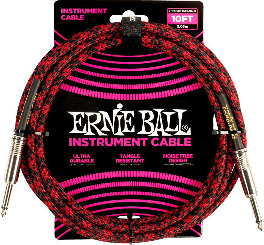 Ernie Ball Braided Instrument Cable Droit Droit 10ft 3.05m Red Black - Cable - Main picture