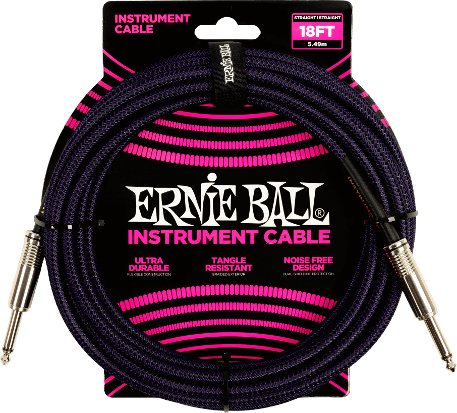 Ernie Ball Braided Instrument Cable Droit Droit 18ft 5.49m Purple Black - Cable - Main picture