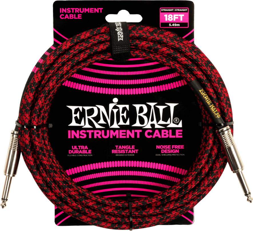 Ernie Ball Braided Instrument Cable Droit Droit 18ft 5.49m Red Black - Cable - Main picture
