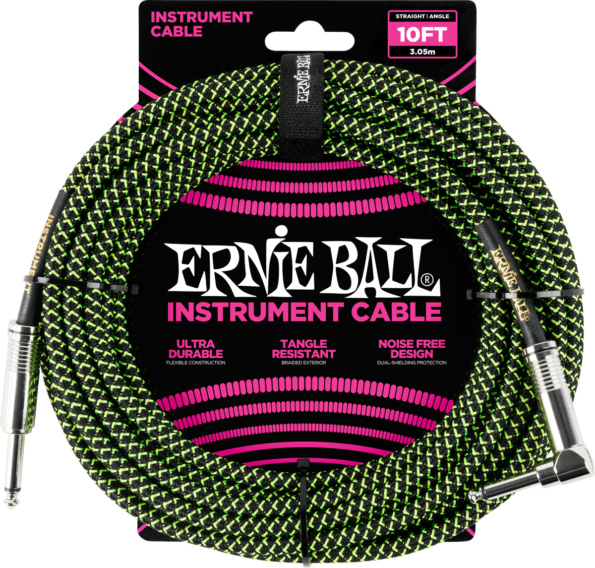 Ernie Ball Cables Instrument Gaine TissÉe Jack/jack CoudÉ 3m Noir/vert - Cable - Main picture