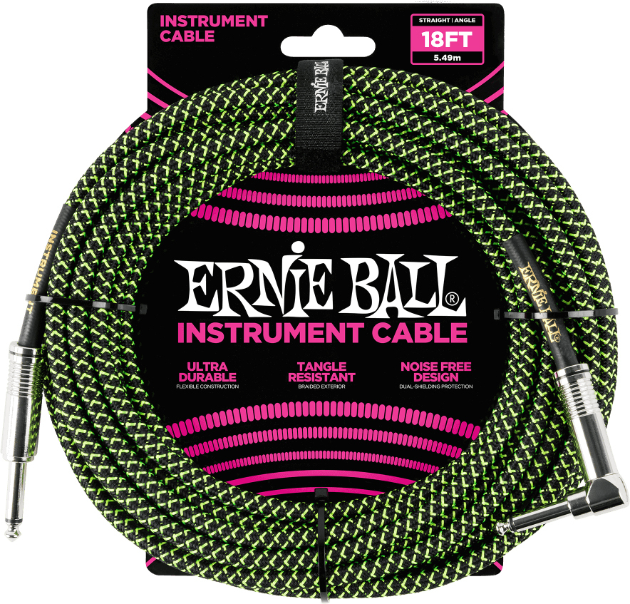 Ernie Ball P06082 Braided 18ft Straight / Angle Instrument Cable 5.49m Droit / Coude Black & Green - Guitar tuner - Main picture