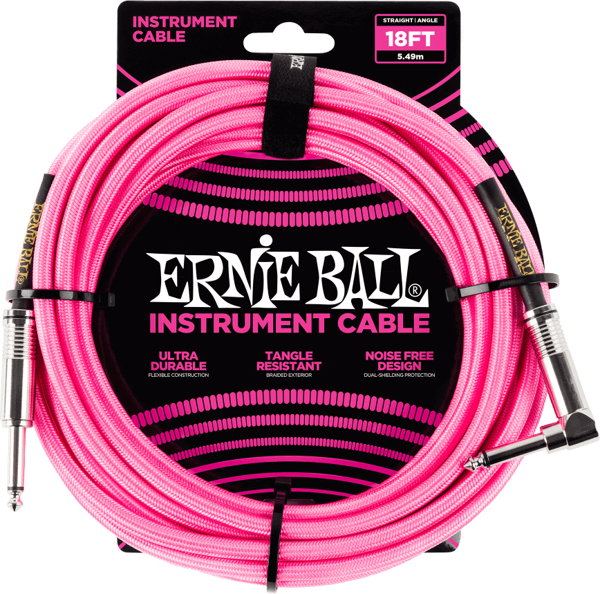 Ernie Ball P06083 Braided 18ft Straight / Angle Instrument Cable 5.49m Droit / Coude Neon Pink - Guitar tuner - Main picture