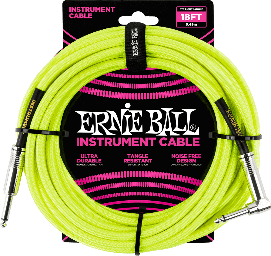Ernie Ball P06085 Braided 18ft Straight / Angle Instrument Cable 5.49m Droit / Coude Neon Yellow - Guitar tuner - Main picture