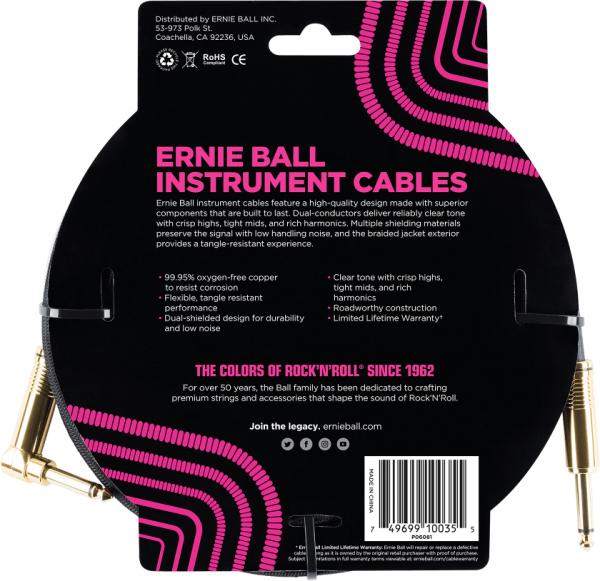 Guitar tuner Ernie ball P06081 Braided 10ft Straigth / Angle Instrument Cable - Black