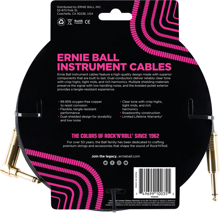 Ernie Ball P06081 Braided 10ft Straight / Angle Instrument Cable 3.05m Droit / Coude Black - Cable - Variation 1