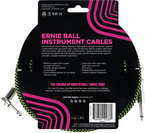 Guitar tuner Ernie ball P06082 Braided 18ft Straigth / Angle Instrument Cable - Black & Green