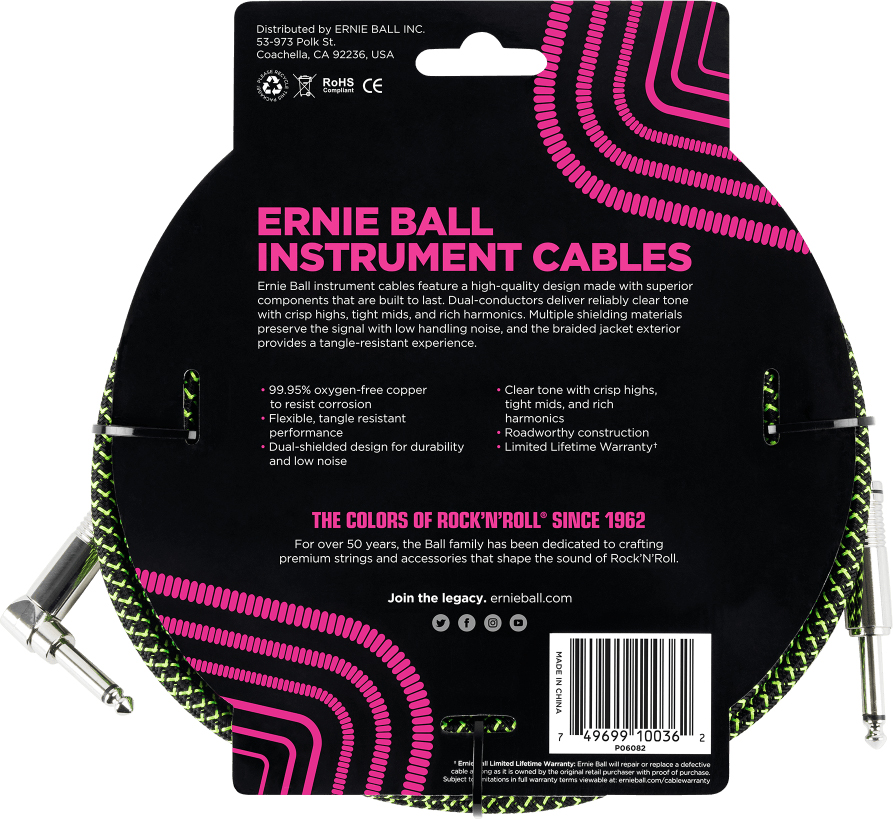 Ernie Ball P06082 Braided 18ft Straight / Angle Instrument Cable 5.49m Droit / Coude Black & Green - Guitar tuner - Variation 1