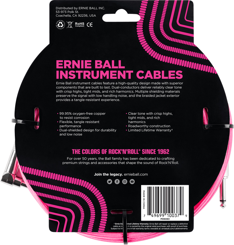 Ernie Ball P06083 Braided 18ft Straight / Angle Instrument Cable 5.49m Droit / Coude Neon Pink - Guitar tuner - Variation 1