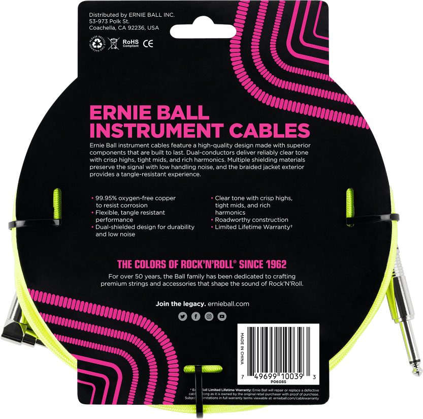 Ernie Ball P06085 Braided 18ft Straight / Angle Instrument Cable 5.49m Droit / Coude Neon Yellow - Guitar tuner - Variation 1