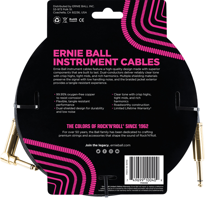 Ernie Ball P06086 Braided 18ft Straight / Angle Instrument Cable 5.49m Droit / Coude Black - Cable - Variation 1