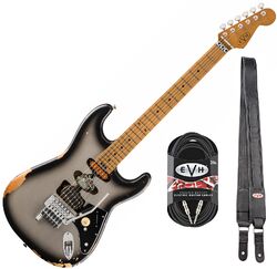 Electric guitar set Evh Frankenstein Relic + Premium Cable 20 ft + Premium Leather Strap - Silverburst