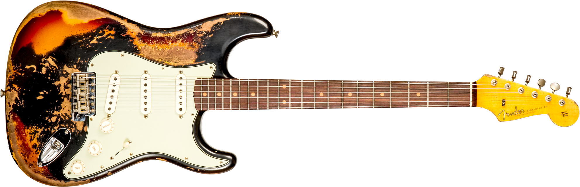 Fender Custom Shop Strat 1959 3s Trem Rw #cz576154 - Super Heavy Relic Black O. 3-color Sunburst - Str shape electric guitar - Main picture
