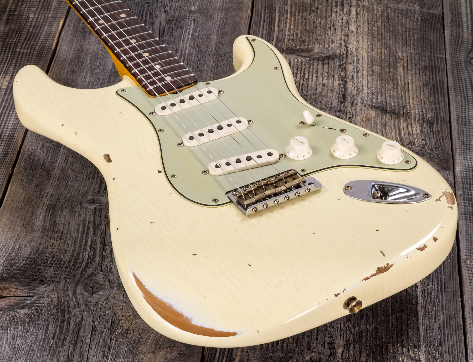 Fender Custom Shop Strat 1959 3s Trem Rw #r117393 - Relic Aged Vintage White - Str shape electric guitar - Variation 3