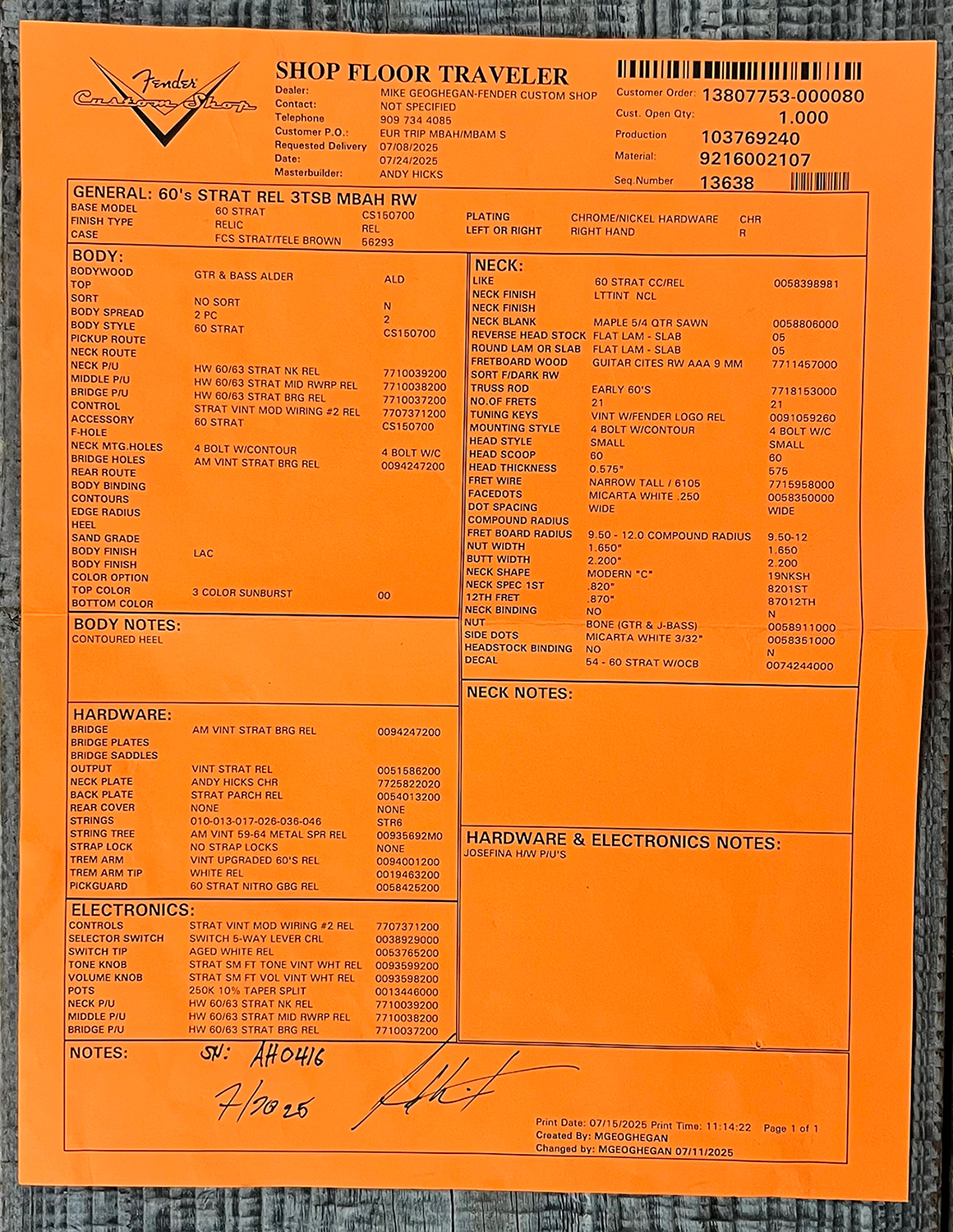 Fender Custom Shop Strat 60s Mb A.hicks 3s Trem Rw #4681 #ah0416 - Relic 3-color Sunburst - Str shape electric guitar - Variation 13