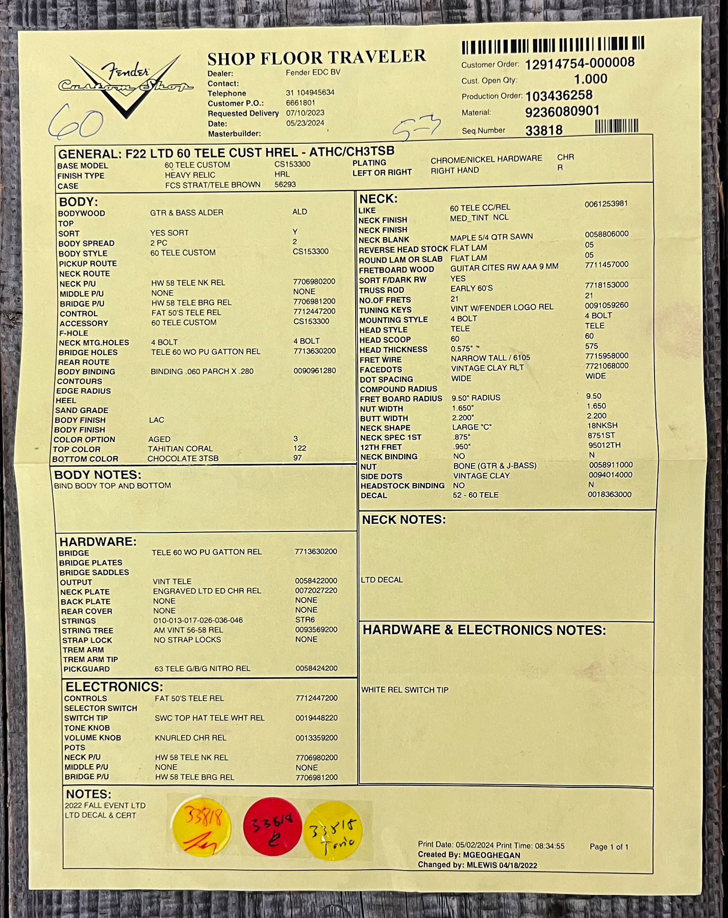 Fender Custom Shop Tele Custom 1960 2s Ht Rw #cz579562 - Heavy Relic Tahitian Coral O. 3-color Sunburst - Tel shape electric guitar - Variation 14