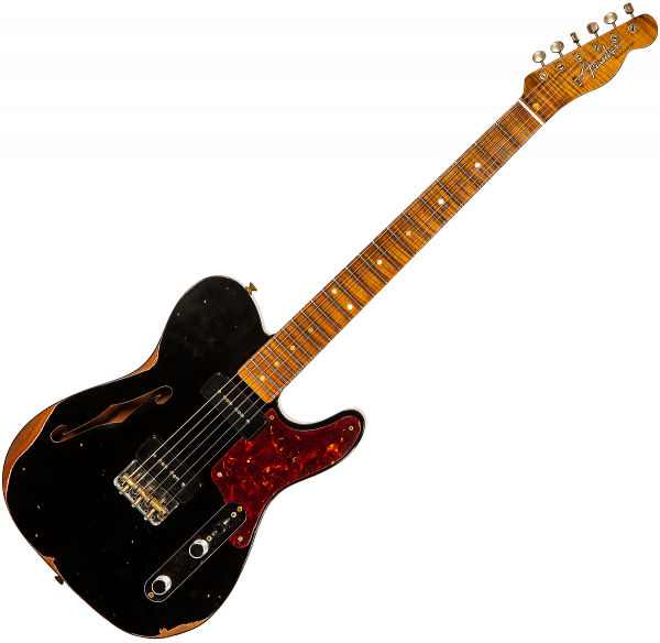 Solid body electric guitar Fender Custom Shop Dual P90 Thinline Telecaster #CZ558087 - Relic black top / natural back
