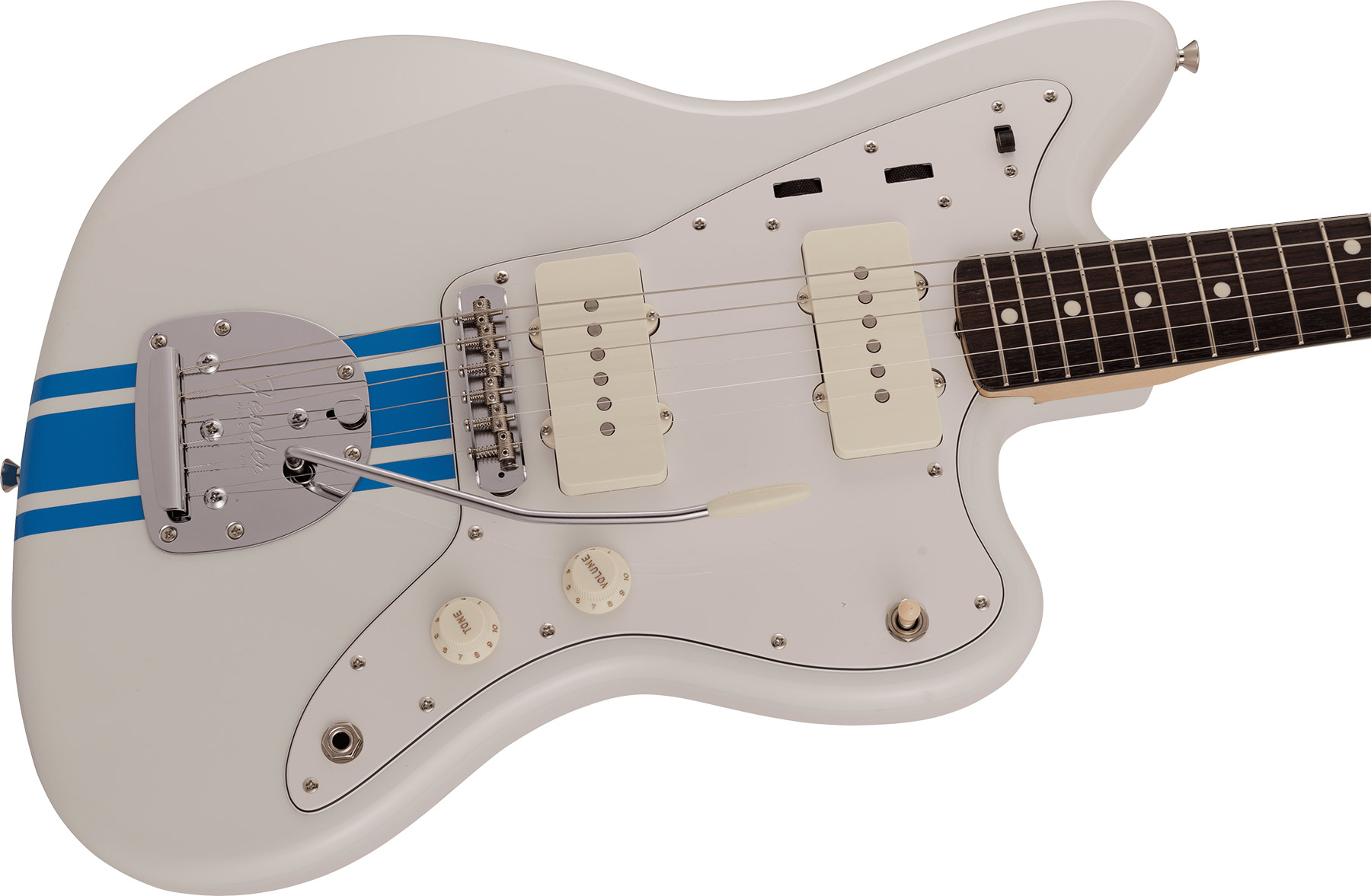 Fender Jazzmaster Traditional 60s Mij Jap 2s Trem Rw - Olympic White W/ Blue Competition Stripe - Retro rock electric guitar - Variation 2