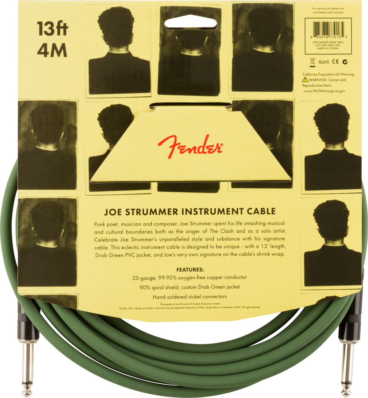 Fender Joe Strummer Pro Instrument Cable Signature Droit Droit 13ft 3.9m Drab Green - Cable - Variation 1