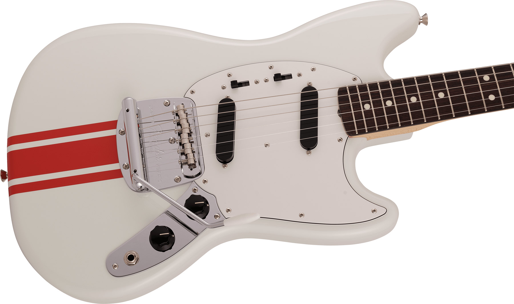 Fender Mustang Traditional 60s Mij Jap 2s Trem Rw - Olympic White W/ Red Competition Stripe - Retro rock electric guitar - Variation 2
