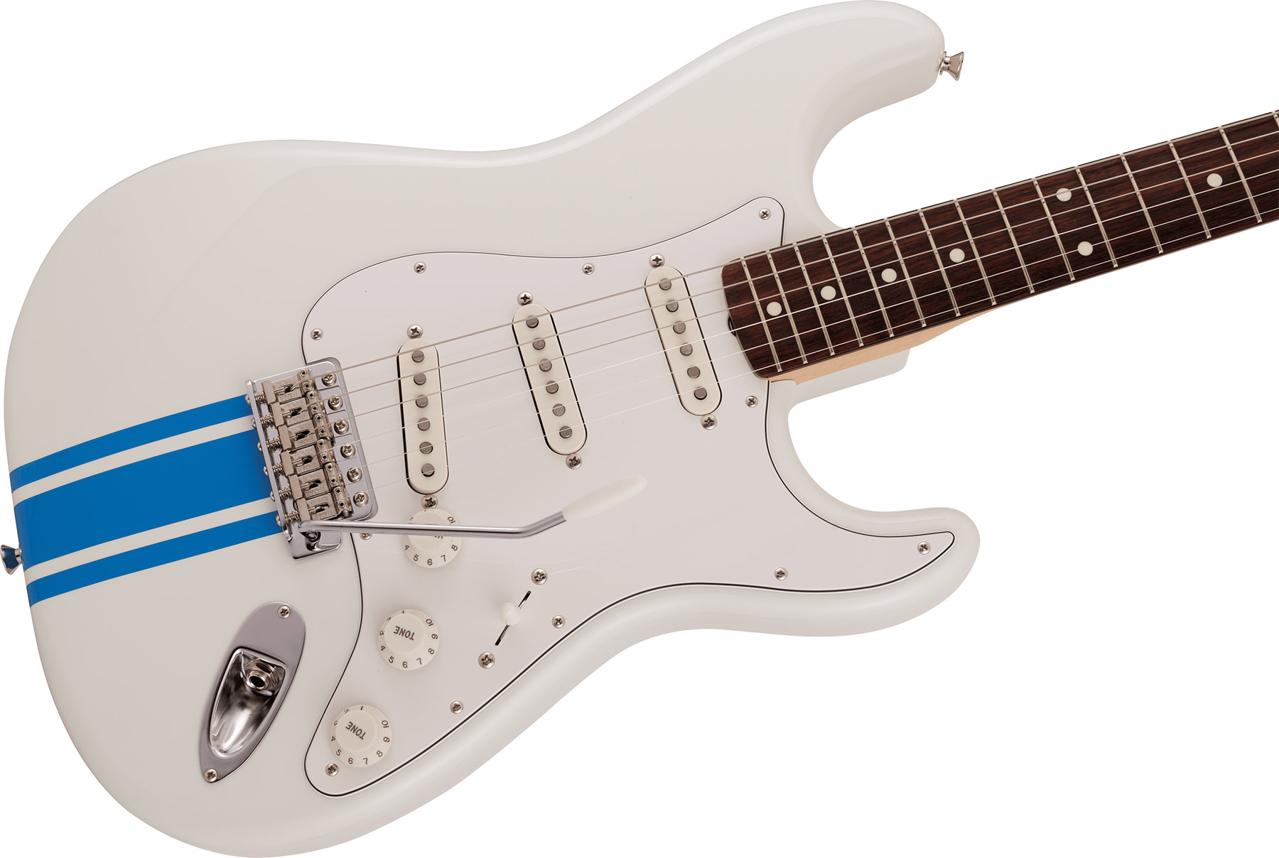 Fender Strat Traditional 60s Mij Jap 3s Trem Rw - Olympic White W/ Blue Competition Stripe - Str shape electric guitar - Variation 2