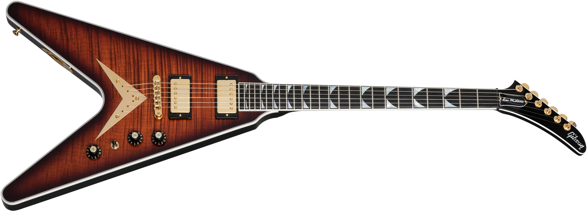 Gibson Custom Shop Dave Mustaine Flying V Exp Ltd Signature 2h Ht Eb - Red Amber Burst - Metal electric guitar - Main picture