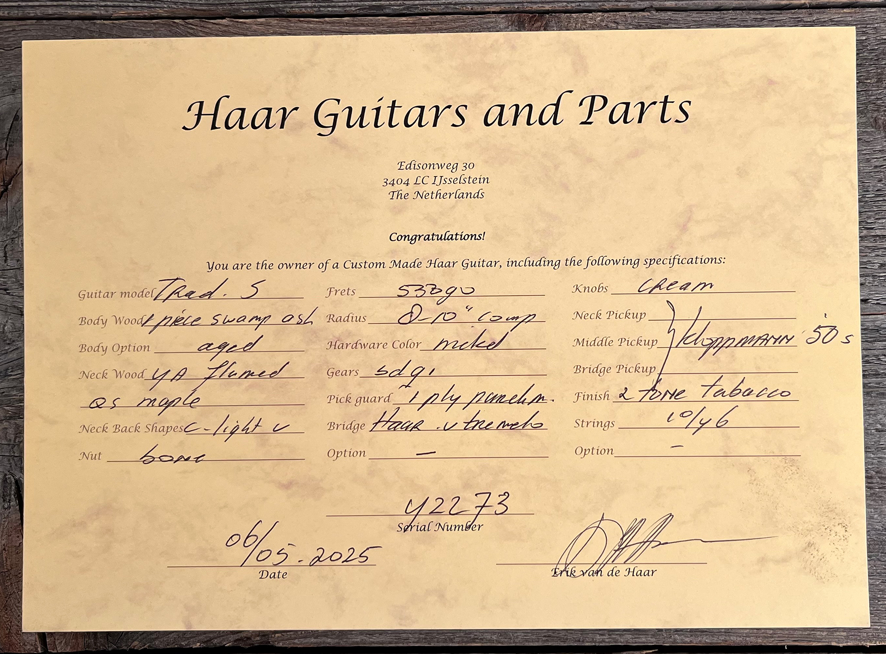 Haar Guitars Trad S 3s Kloppman Trem Mn #42273 - Aged 2-tone Tobacco - Str shape electric guitar - Variation 11