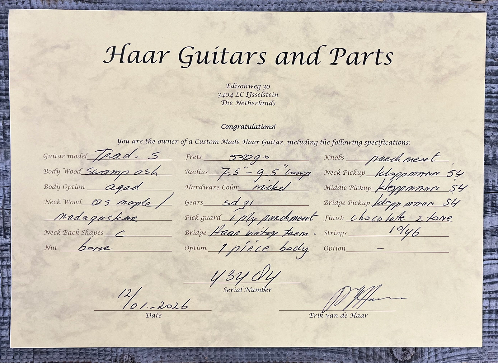 Haar Guitars Trad S 3s Klopppmann Trem Rw #43484 - Aged 2-tone Chocolate Sunburst - Str shape electric guitar - Variation 11