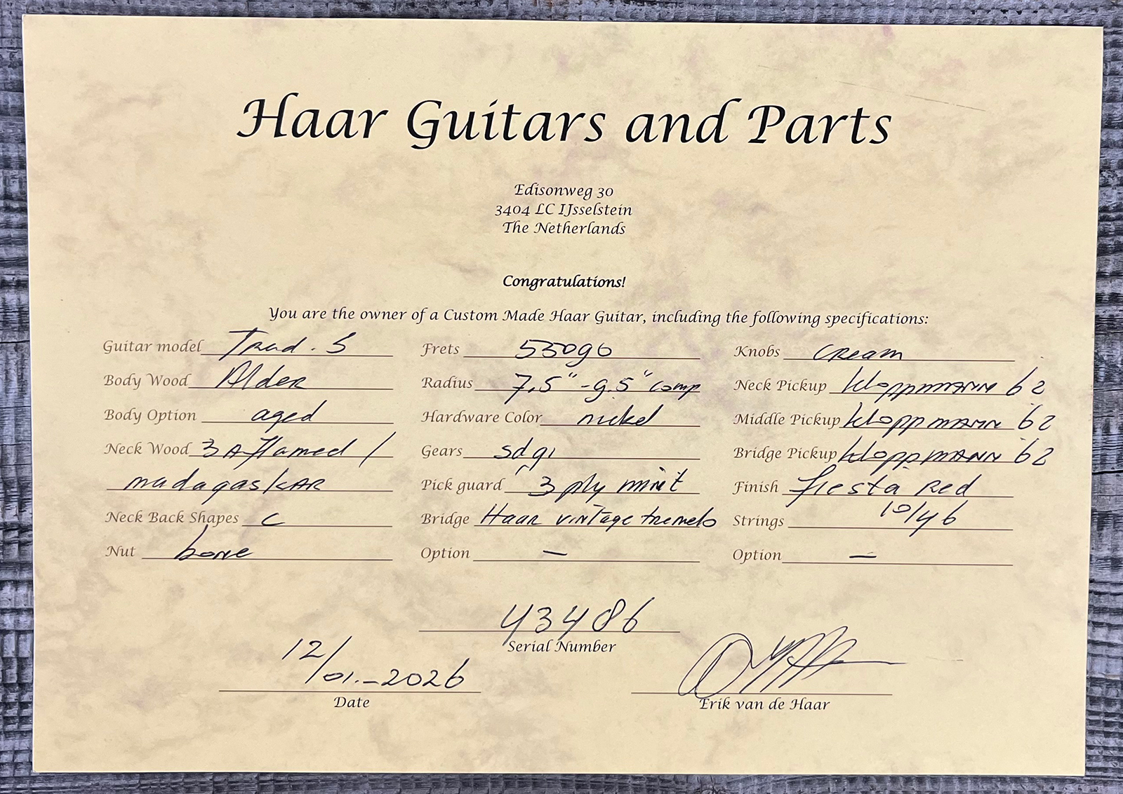 Haar Guitars Trad S 3s Klopppmann Trem Rw #43486 - Aged Fiesta Red - Str shape electric guitar - Variation 11