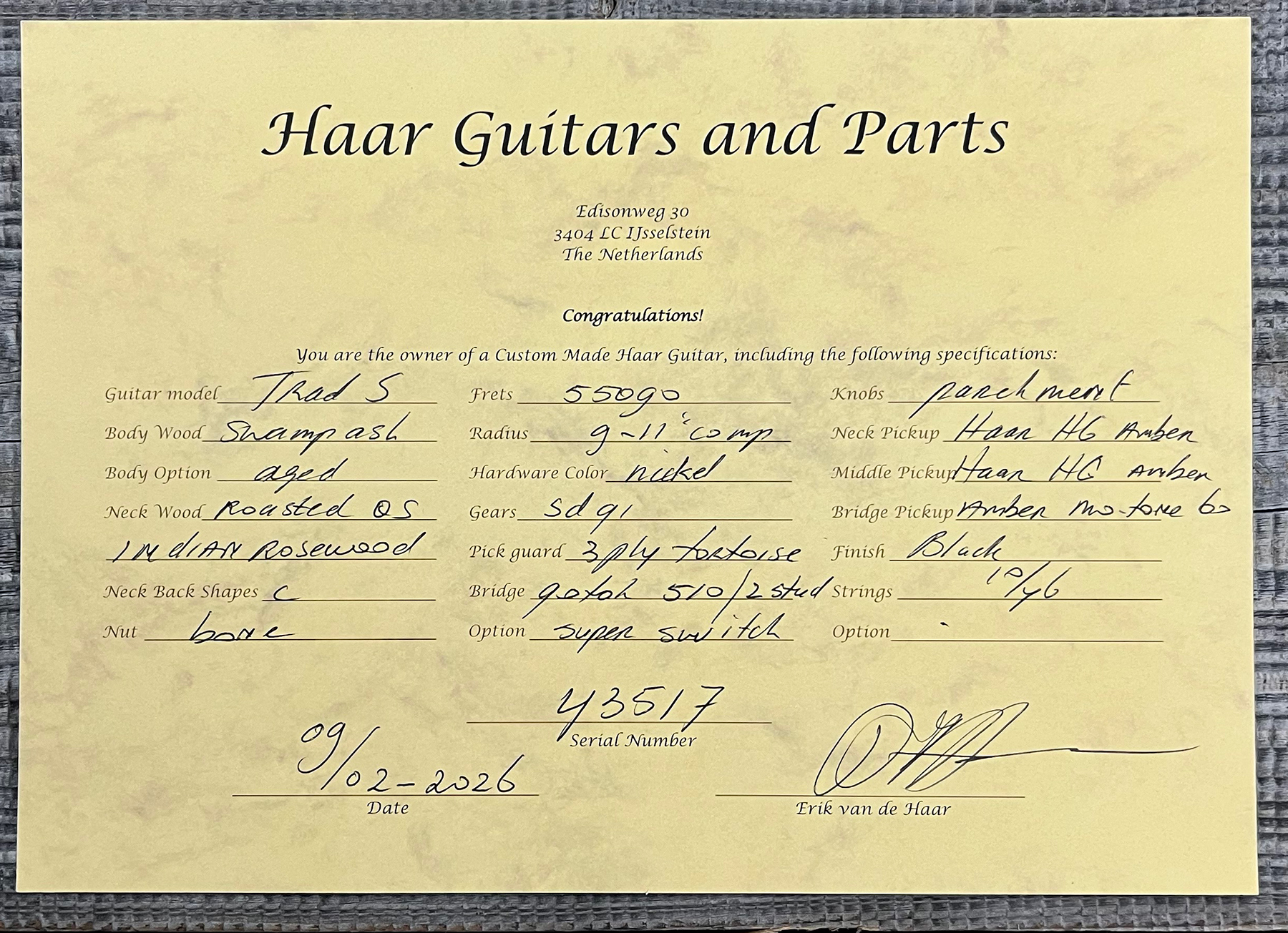 Haar Guitars Trad S Hss Amber Trem Rw #43517 - Aged Black - Str shape electric guitar - Variation 12