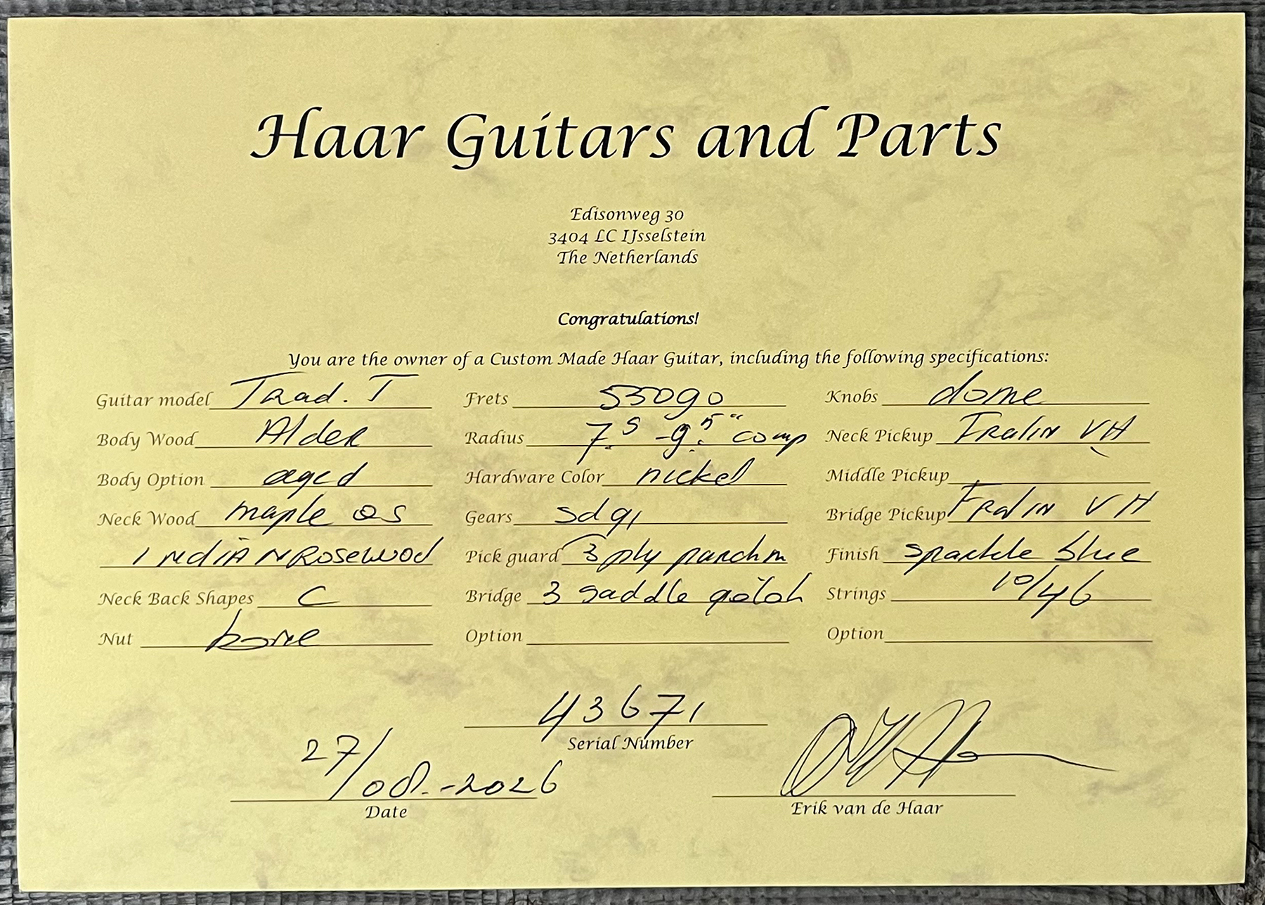 Haar Guitars Trad T 2s Lindy Fralin #43671 - Aged Sparkle Blue - Tel shape electric guitar - Variation 13