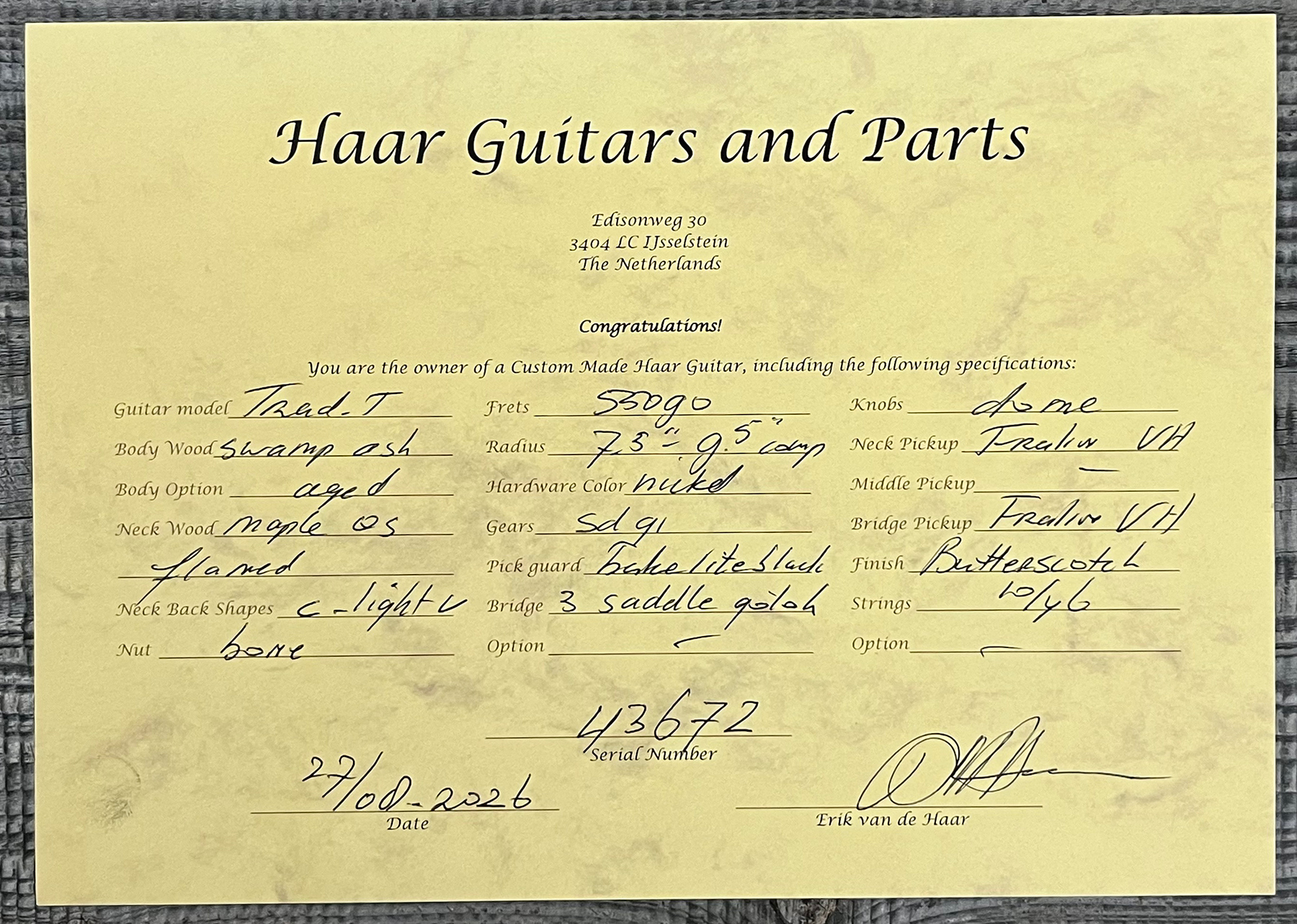 Haar Guitars Trad T 2s Lindy Fralin Mn #43672 - Aged Butterscotch - Tel shape electric guitar - Variation 14