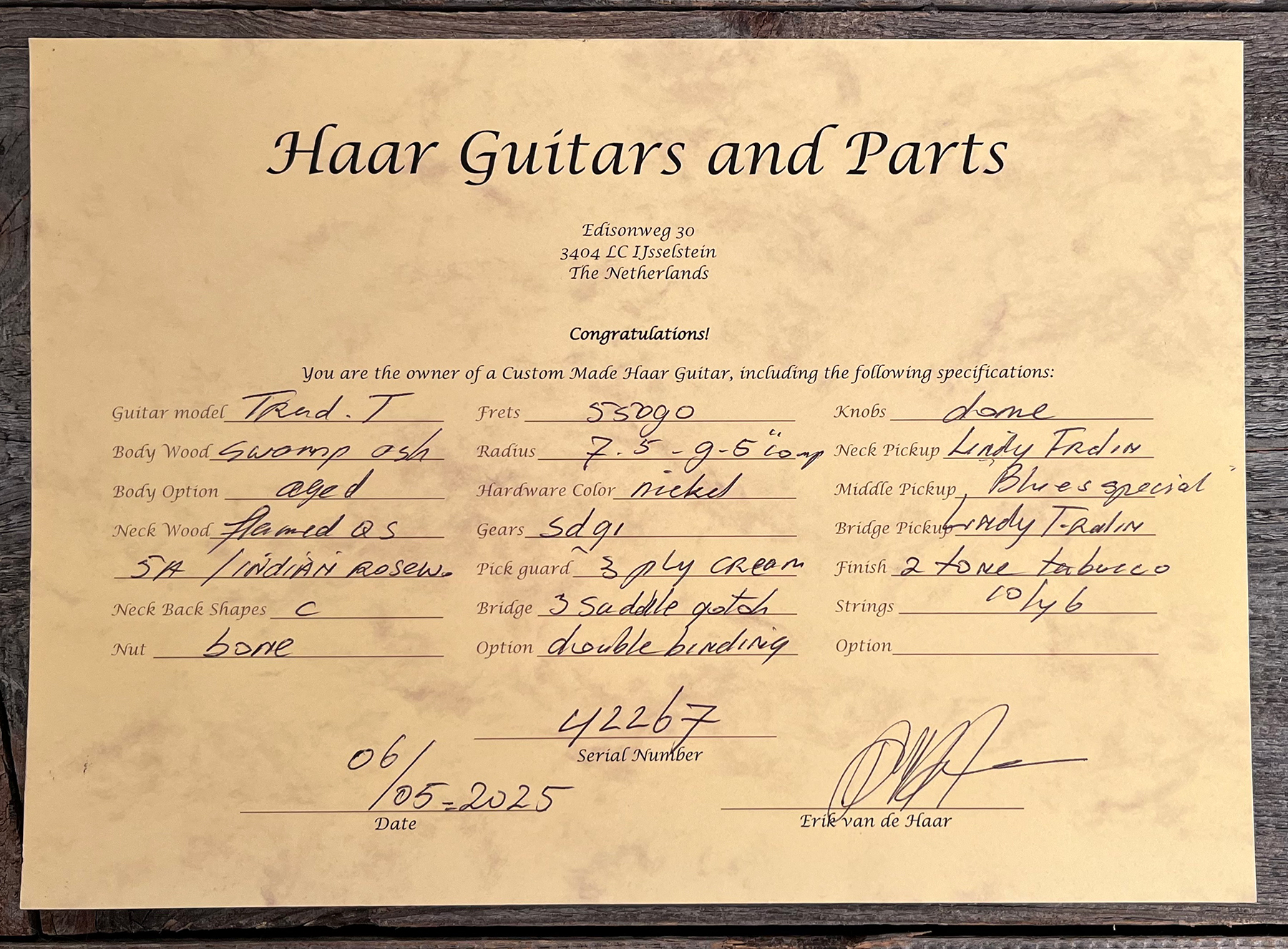 Haar Guitars Trad T Custom 2s Lindy Fralin Ht Rw #42267 - Aged 2-tone Tobacco - Tel shape electric guitar - Variation 12