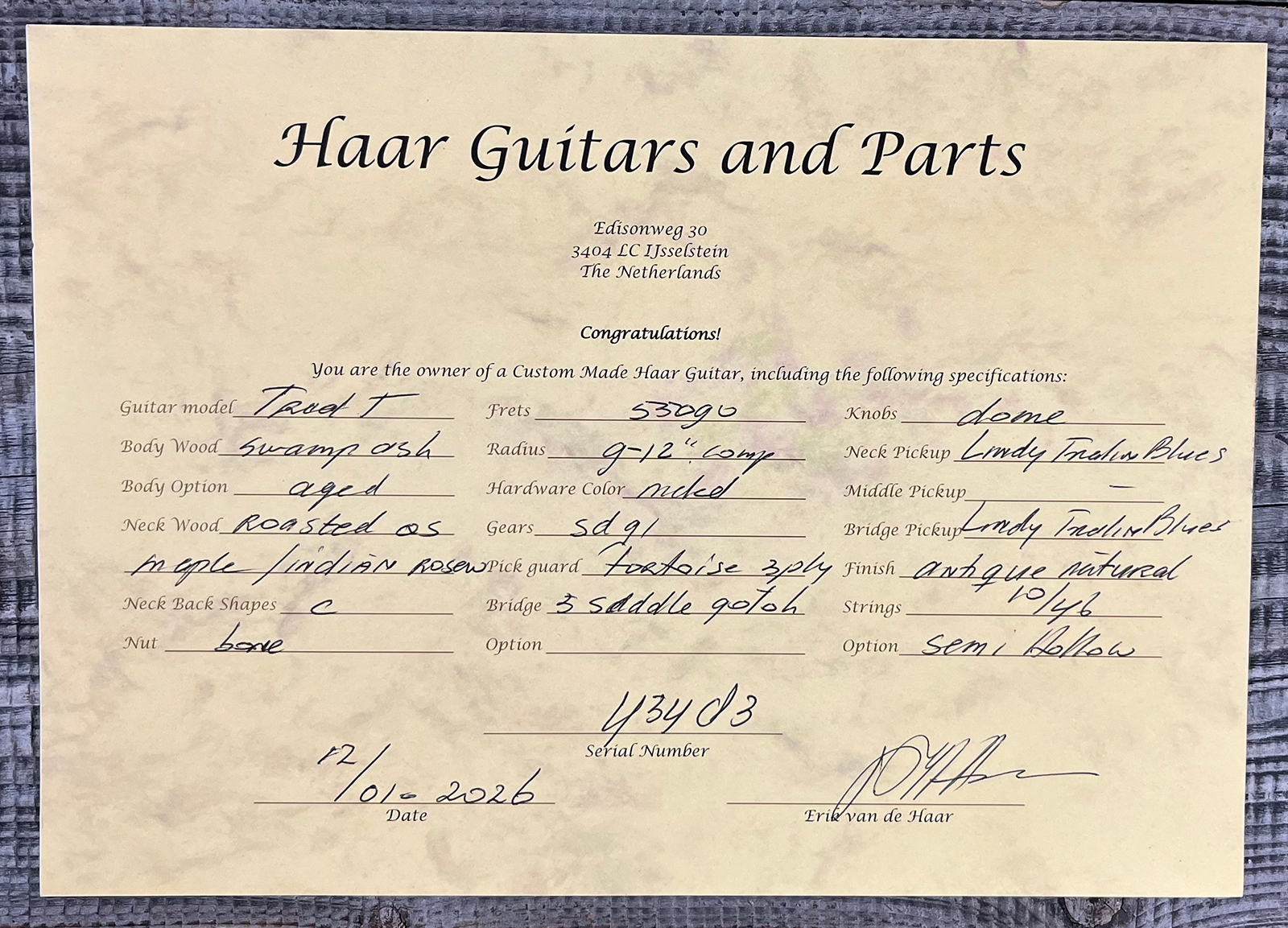 Haar Guitars Trad T Thinline 2s Lindy Fralin Rw #43483 - Aged Antique Natural - Tel shape electric guitar - Variation 11