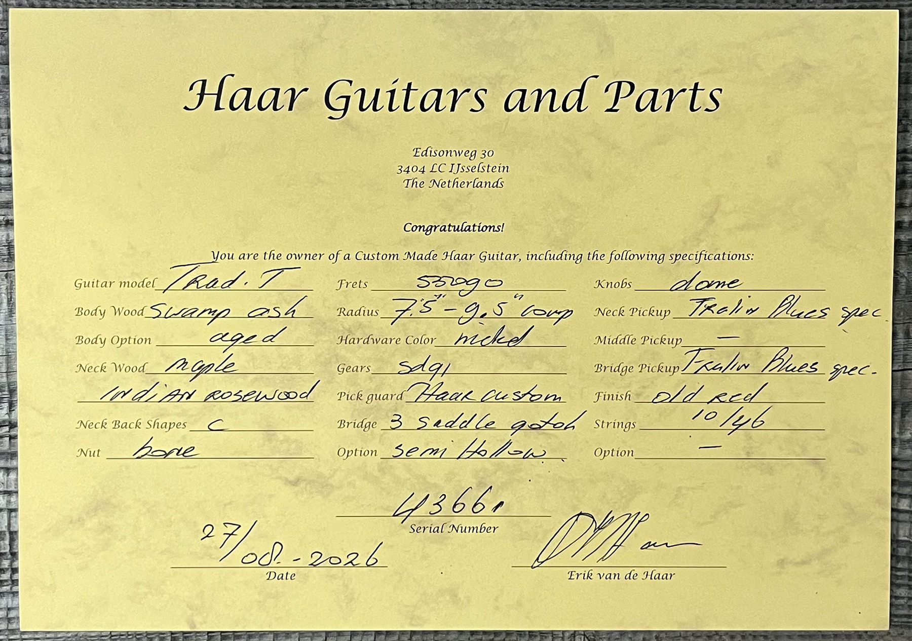 Haar Guitars Trad T Thinline 2s Lindy Fralin Rw #43661 - Aged Old Red - Tel shape electric guitar - Variation 14